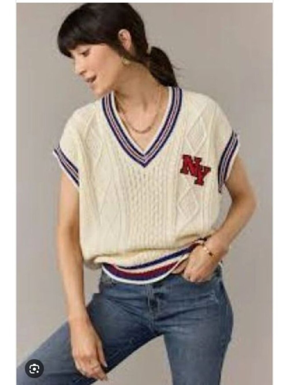 Blue Rain Francesca's Louella Varsity NY Patch Pullover V-Neck Sweater Vest
